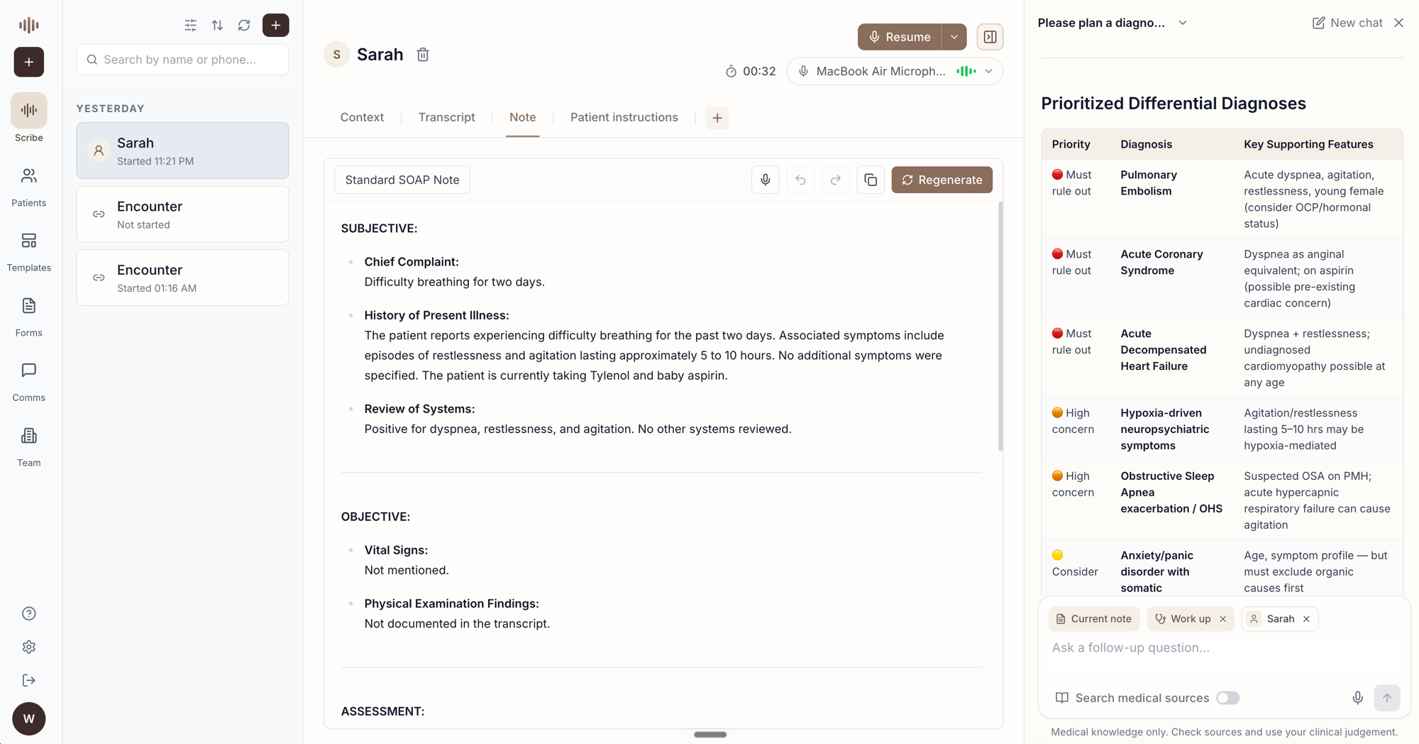Copilot panel showing prioritized differential diagnoses with rule-out priority, key supporting features, and a cite-backed follow-up chat
