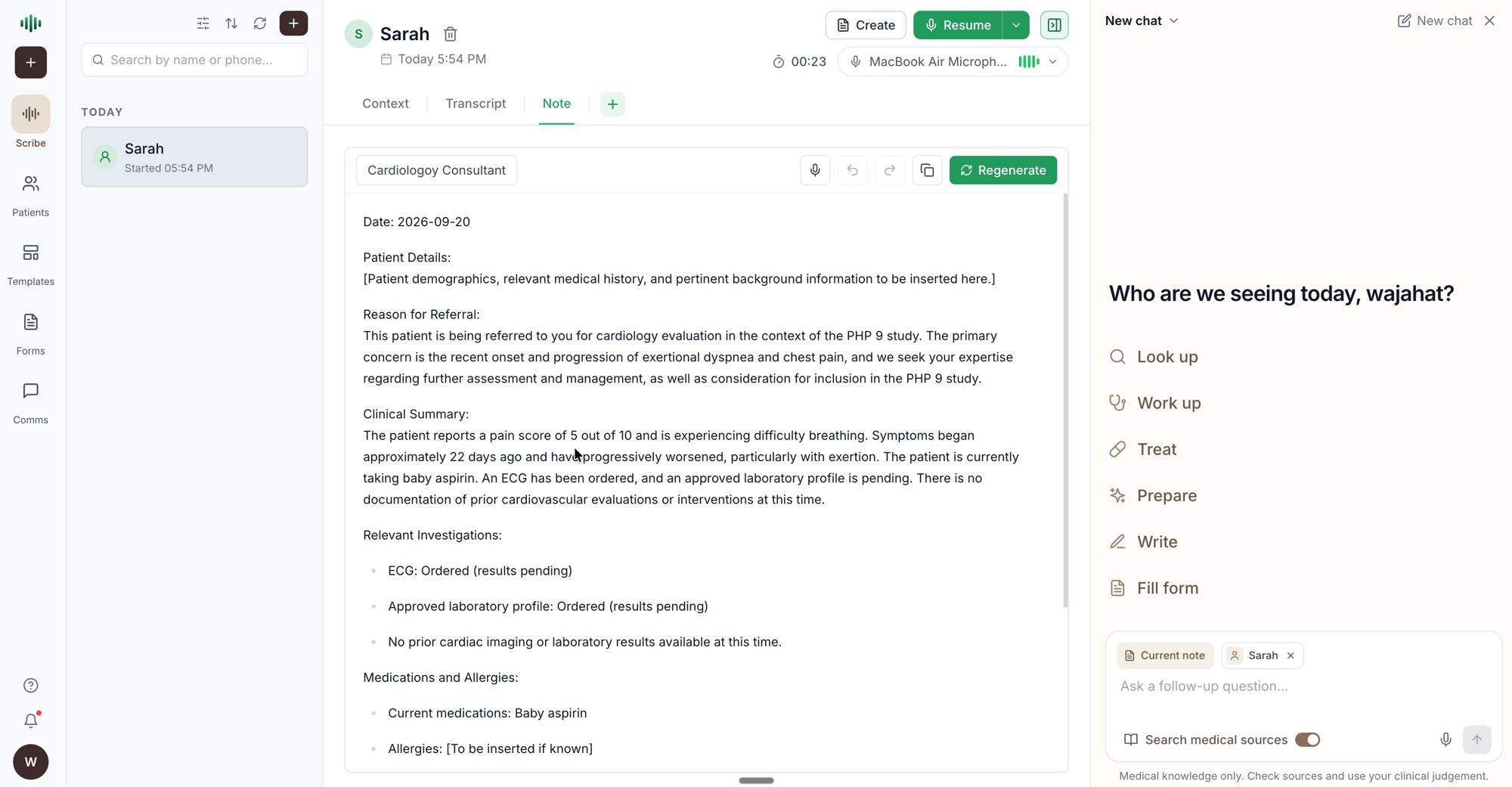Generated SOAP note next to the source transcript, annotated with live-recording, encounter timeline and auto-coded ICD-10 callouts